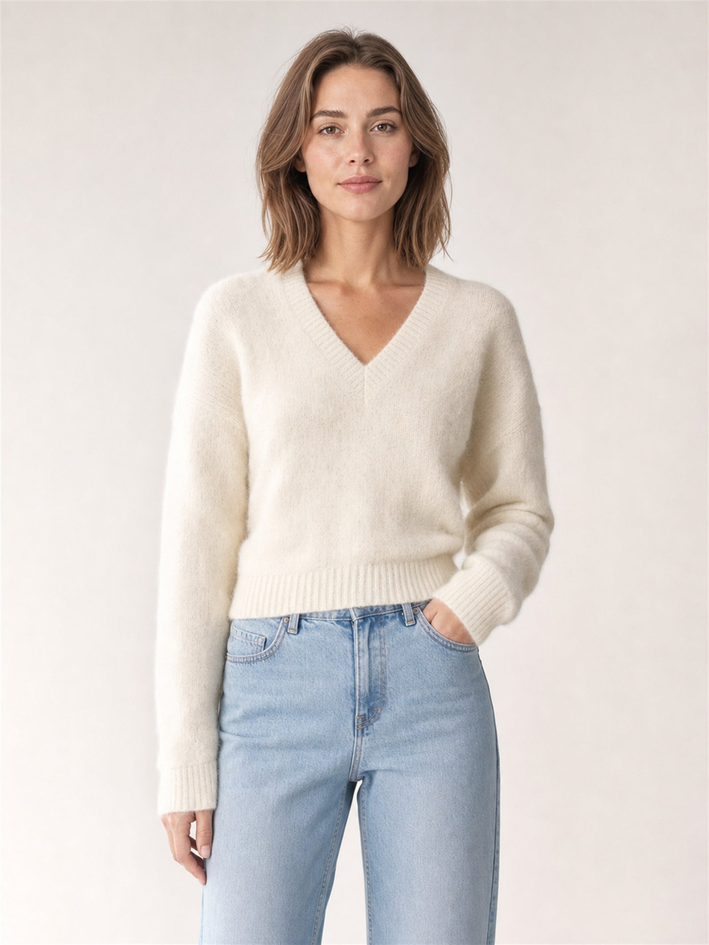 Women's Brushed Cashmere Shrunken V-Neck Sweater
