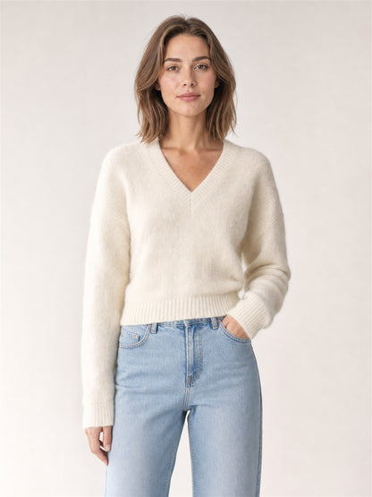 Women's Brushed Cashmere Cropped V-Neck Sweater