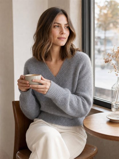 Women's Brushed Cashmere Cropped V-Neck Sweater